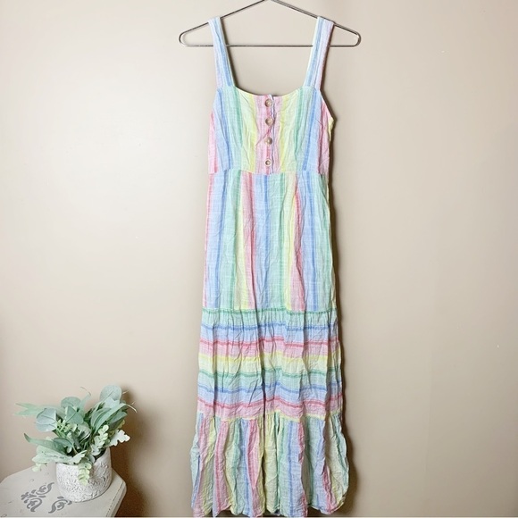 [Urban Outfitters] Rainbow Multi Colored Cotton Blend Tiered Skirt Maxi Dress - Picture 2 of 11